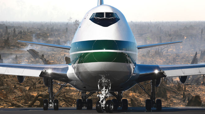 Airliner over a torched rainforest (montage) An airliner over torched rainforest