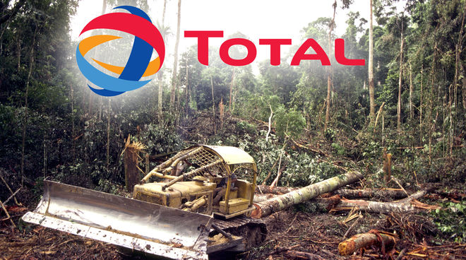 Rainforests are being destroyed for “green” palm oil-based biofuels Rainforest clearing, Total logo
