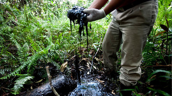 Man with oil spilled soil in his hands