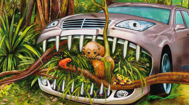 A car chewing its way through the rainforest