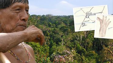 Indigenous man in front of rainforest