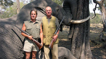 Spain’s head of state Juan Carlos in front of his prey, a shot elephant