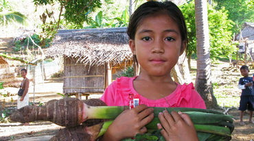 A Pala’wan girl carrying Taro, the local vegetable, standing in front of village huts