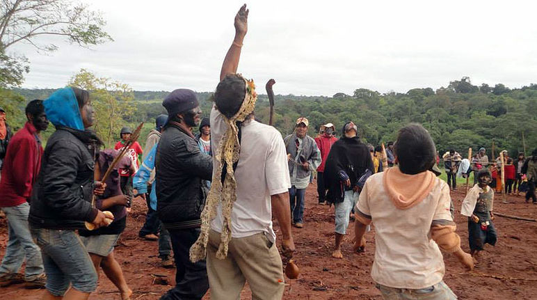 Chief Ramón López: “Where should we Avá go? This is our land.” Photo: CONAPI Members of the Avá Guaraní community dance amid the ruins of their temple