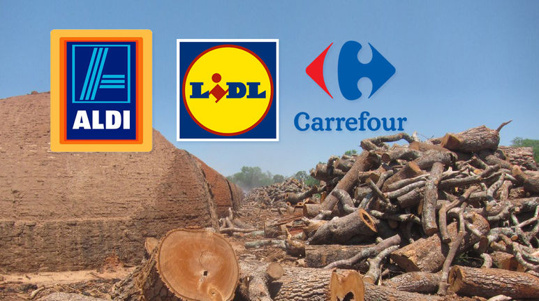 Primitive charcoal ovens and felled trees in the Paraguayan Chaco together with the brand logos of Aldi, Carrefour, Lidl