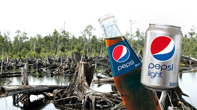 PepsiCo is not letting the rainforest stand in the way of its palm oil needs.<br>(photos: Jay Ullal, PepsiCo; montage: Rainforest Rescue) A can and a bottle of Pepsi, with a rainforest clearing in the background