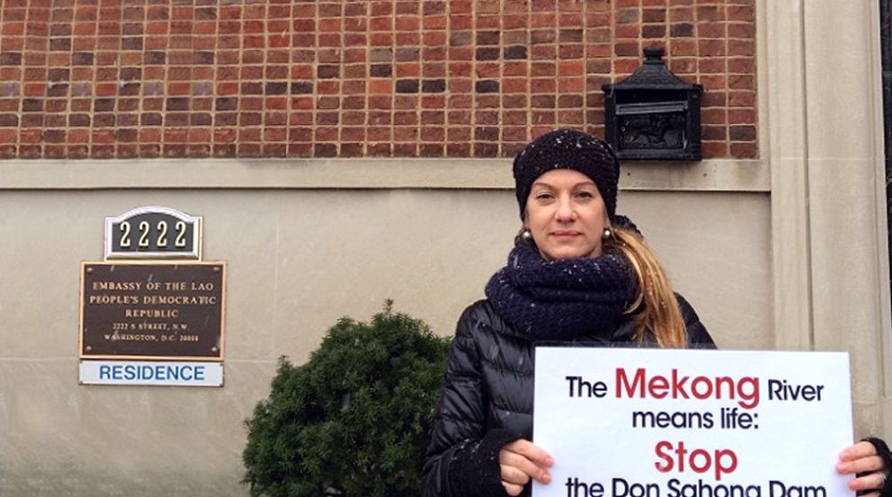 Rainforest Rescue's activist Elisa Norio at the Lao Embassy in Washington DC Elisa Norio in front of the Embassy of Laos in Washington DC