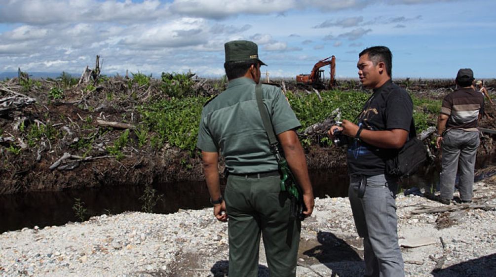 Two men standing infront of a clearance for palm oil palntation